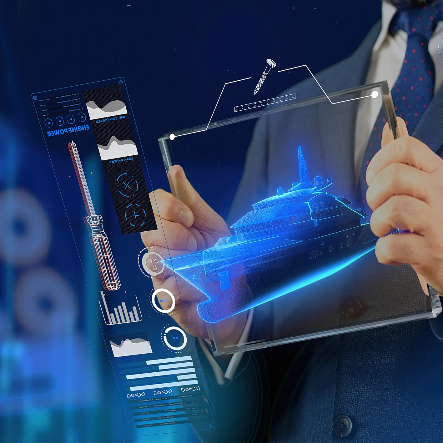 A person interacts with a tablet displaying a 3D engine diagram. A holographic projection highlights a boat in detail.