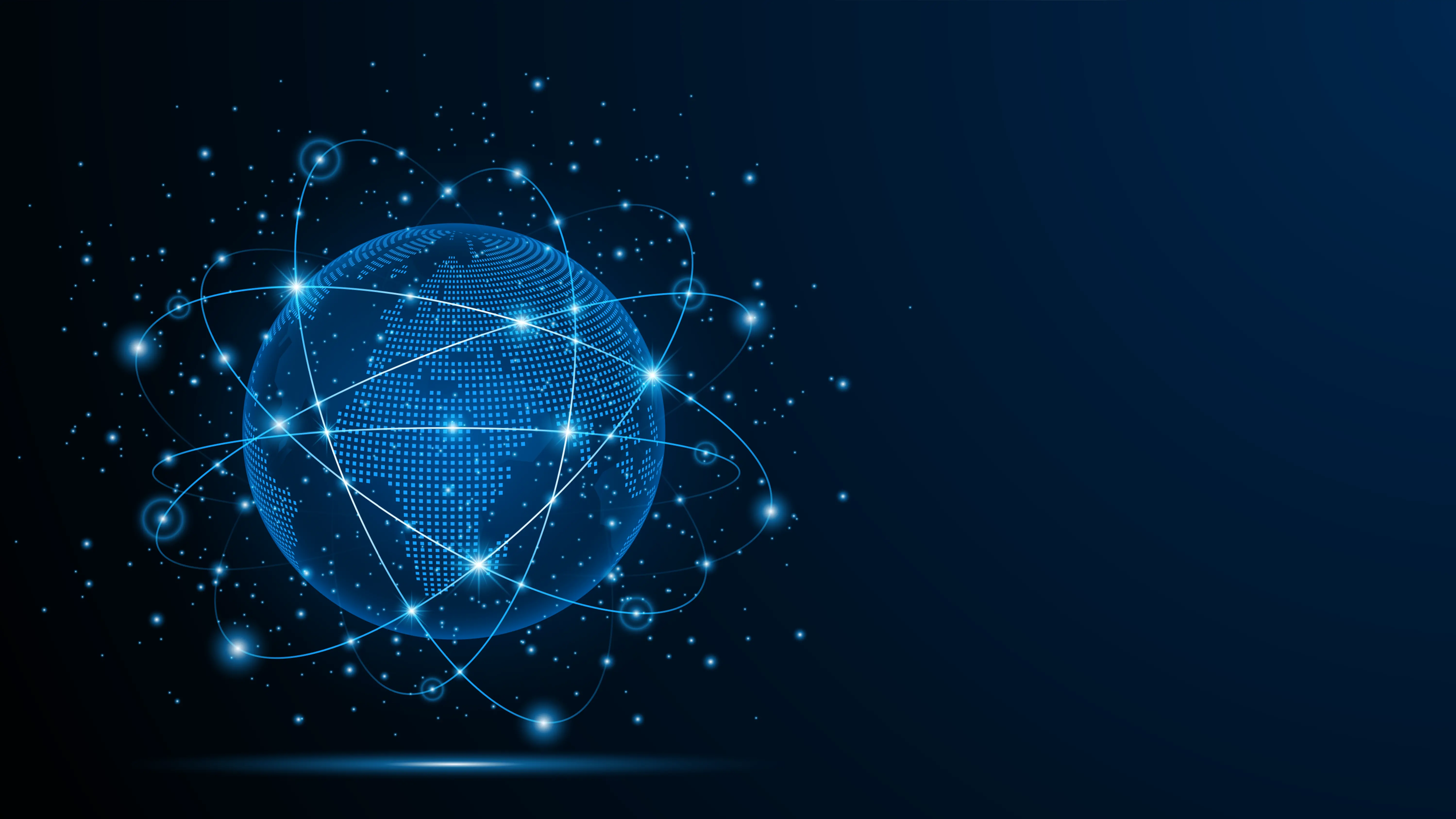 A blue globe connected by glowing lines on a dark blue background with white dots.